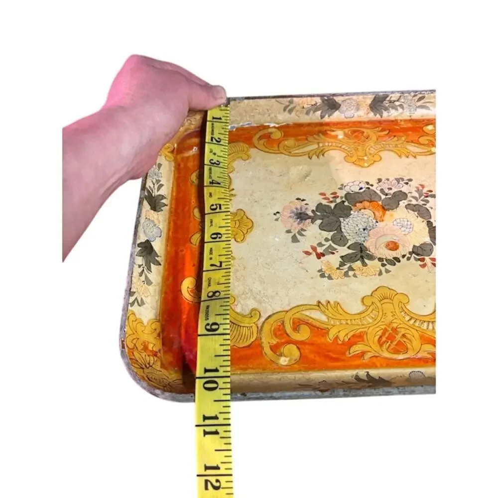 Vintage Japanese Paper Mache Tray 10x14 Floral Gold Orange A.L. Inc NY Decor